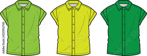 Fashion Flat Sketch:  Three Short Sleeve Button Down Shirts, Green, Yellow, Lime