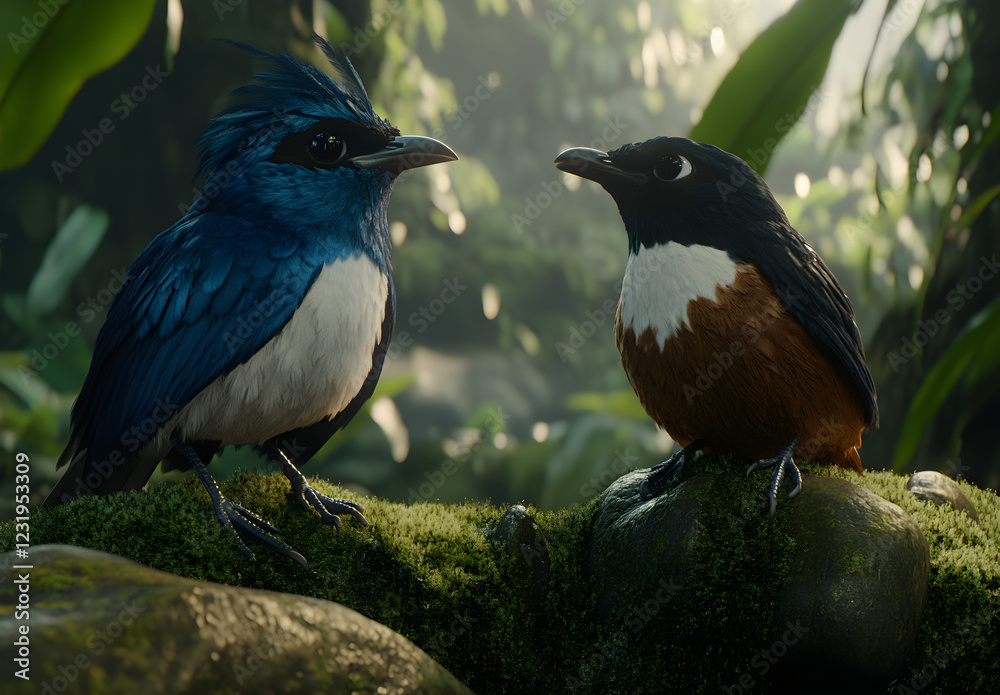 Fototapeta premium Two birds perched on mossy branches, one blue and the other brown with white spots, bathed in golden hour lighting, a photorealistic, cinematic scene. 