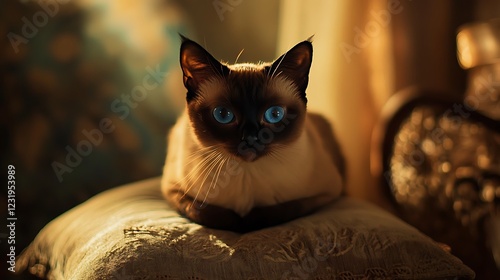 A calm Siamese cat with striking blue eyes resting on a decorative cushion adorned with intricate patterns in a softly lit room