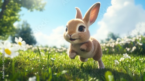 Happy bunny hopping meadow, spring day, flowers photo