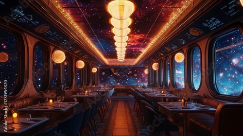 Elegant Diner with Cosmic View in a Space Themed Restaurant