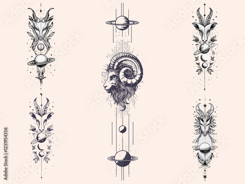 Aries Astrological zodiac horoscope sign collection, line art silhouette design illustration set.