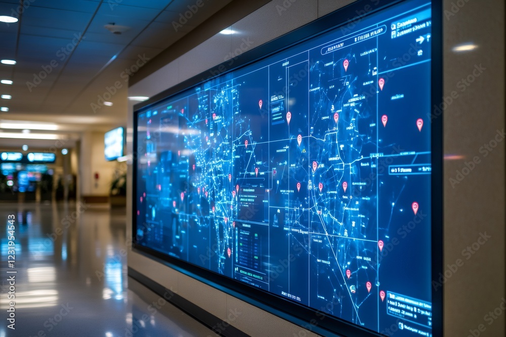 Large interactive digital display showing futuristic gps tracking map in modern building Large interactive digital display showing futuristic gps tracking map in modern building