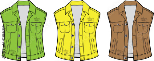 Fashion Denim Vest Design Template- Green, Yellow, Brown Distressed