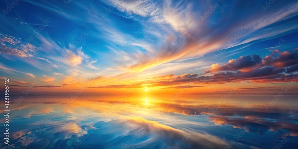 Obraz premium Serene Sunset Reflection A Captivating Panorama of Vibrant Colors Across a Tranquil Waterscape