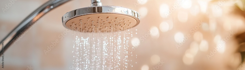 A sleek glass shower features a stainless-steel rain showerhead, with water droplets softly reflecting warm light against a neutral tiled backdrop, creating a calming atmosphere A sleek glass shower features a stainless-steel rain showerhead, with water droplets softly reflecting warm light against a neutral tiled backdrop, creating a calming atmosphere