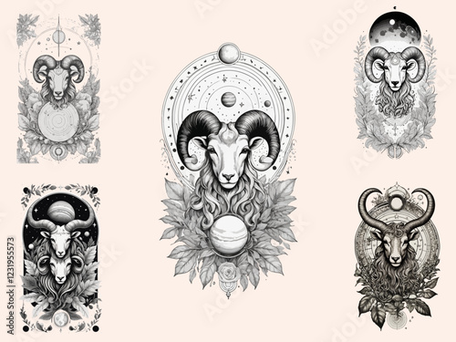 Aries Astrological zodiac horoscope sign collection, line art silhouette design illustration set.