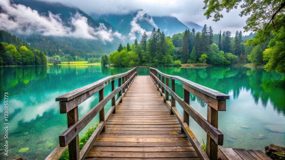 Fototapeta premium Old worn wooden bridge spanning serene turquoise lake surrounded by lush green forest with misty mountains in background , mountain, beautiful landscape