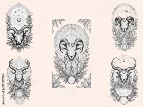 Aries Astrological zodiac horoscope sign collection, line art silhouette design illustration set.