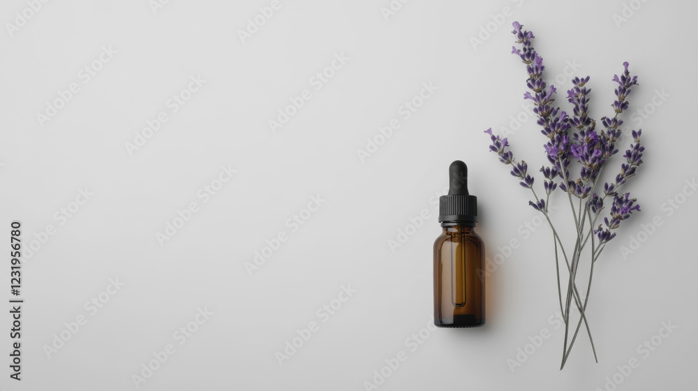Essential oil bottle beside lavender stems on a white surface for natural wellness and relaxation Essential oil bottle beside lavender stems on a white surface for natural wellness and relaxation