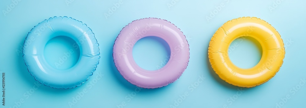 Three pastel-colored inflatable rings on a blue background. Three pastel-colored inflatable rings on a blue background.