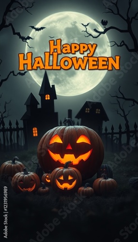 Whispers of Halloween Night Jack-o-lanterns glow under a full moon, casting eerie shadows of haunted houses and gnarled trees in a spellbinding embrace of fright and festivity. photo