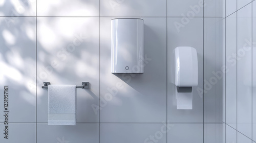 Fototapeta Naklejka Na Ścianę i Meble -  Dispenser for liquid soap and paper towels, realistic vector. White equipment for public toilets, hygiene care and clean hands, soap pump and wall-mounted roll towel holder isolated on transparent