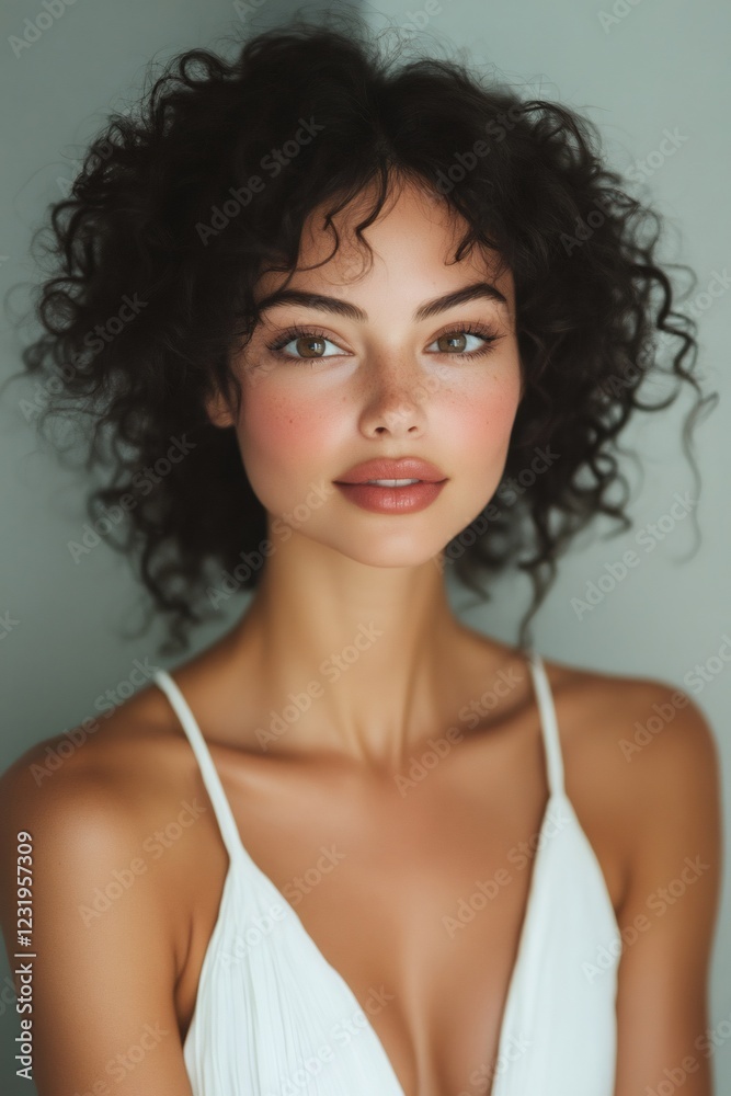Beautiful tan model posing with freckles and curly hair Beautiful tan model posing with freckles and curly hair
