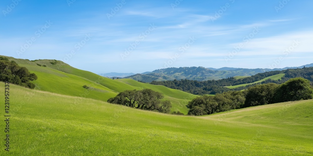 A large, open field with a clear blue sky. The grass is lush and green, and the hills in the background are covered in trees. The scene is peaceful and serene, with a sense of calm and tranquility A large, open field with a clear blue sky. The grass is lush and green, and the hills in the background are covered in trees. The scene is peaceful and serene, with a sense of calm and tranquility