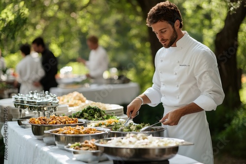 Chef serving food at outdoor buffet during catering event