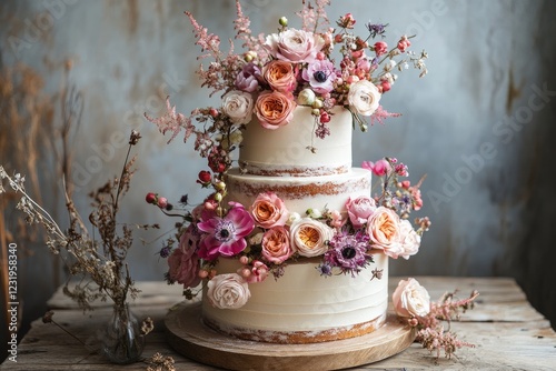 Delicious semi naked wedding cake decorated with beautiful flowers photo