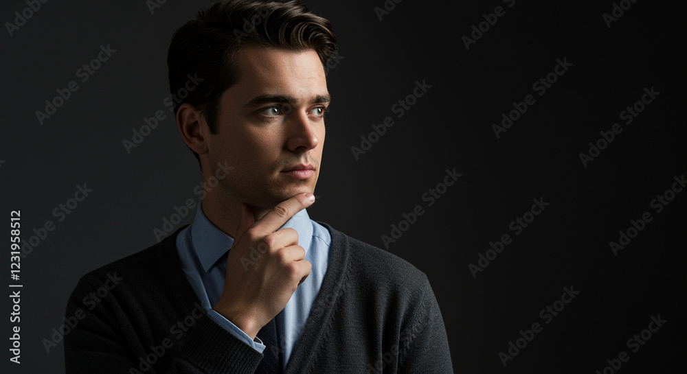 Thoughtful man portrait looking away. Business man thinking with hand on chin Thoughtful man portrait looking away. Business man thinking with hand on chin