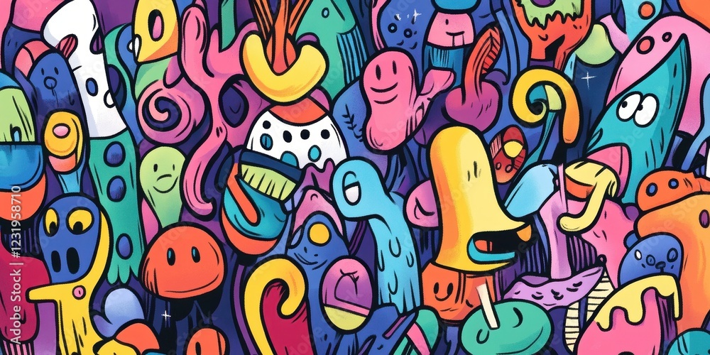 Obraz premium Colorful Doodle Art Featuring Groovy Cartoon Creatures