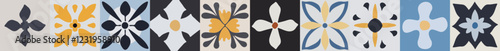 Motifs vectoriels de carreaux de ciment décoratifs avec designs floraux et géométriques symétriques en bleu, jaune, noir et blanc
