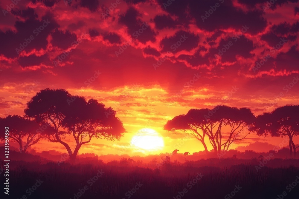Fototapeta premium African Savanna Sunset Silhouette Landscape