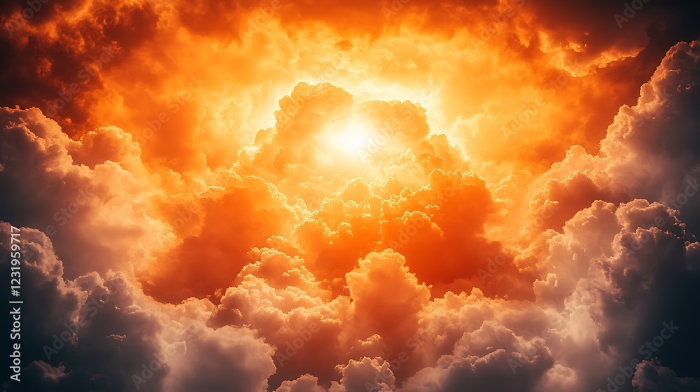 Fototapeta premium A dramatic sunset with fiery orange and crimson hues reflecting on dark, stormy clouds.