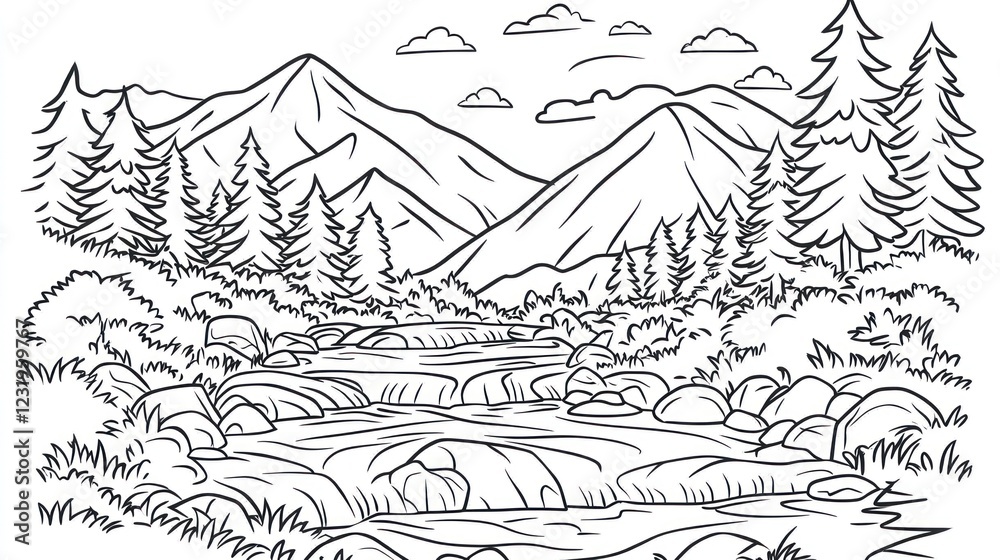 Mountain river landscape, coloring page Mountain river landscape, coloring page