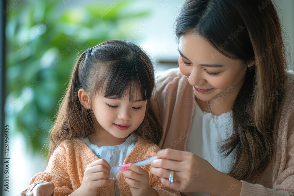 Mother showing lip gloss to her daughter at home Mother showing lip gloss to her daughter at home