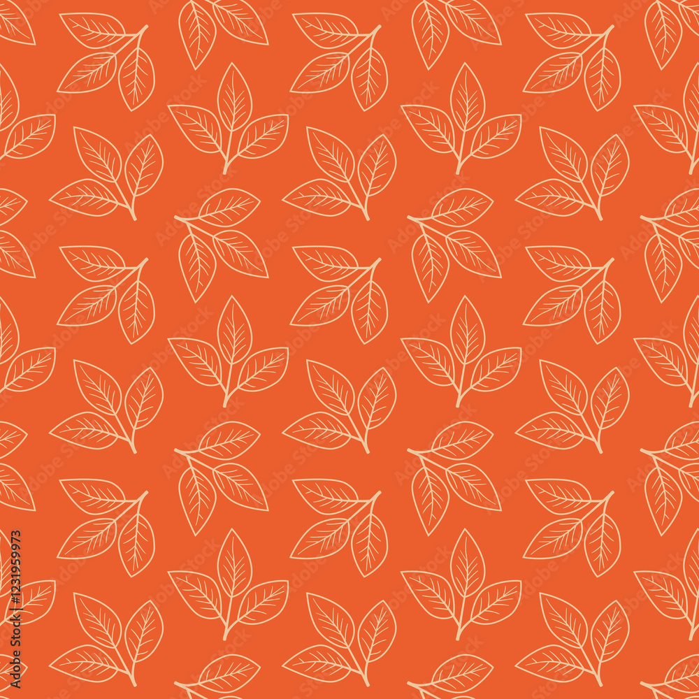 Vibrant orange background with a repeating pattern of delicate, offwhite leaf sprigs. Perfect for autumnal designs, textiles, packaging, or website backgrounds. Vibrant orange background with a repeating pattern of delicate, offwhite leaf sprigs. Perfect for autumnal designs, textiles, packaging, or website backgrounds.