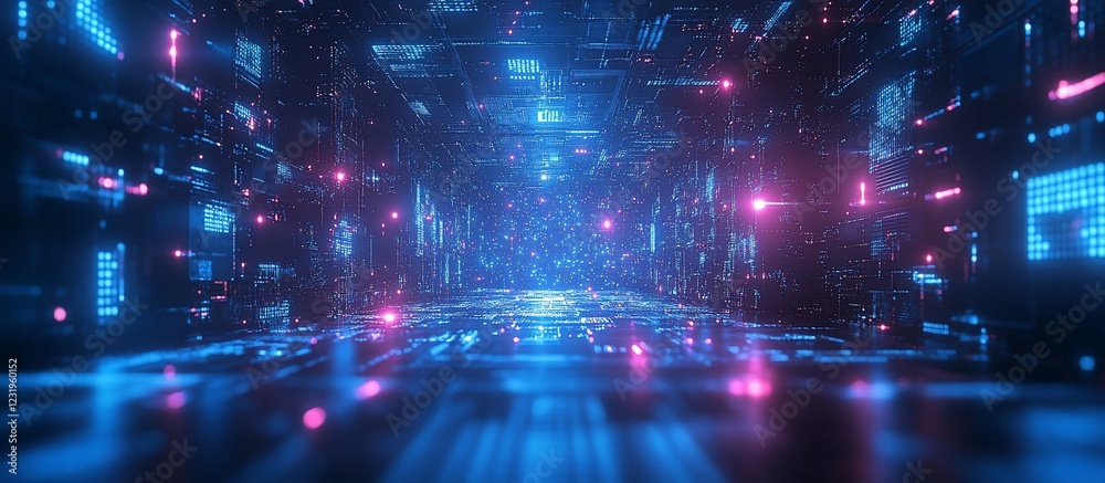 Futuristic digital corridor with glowing neon lights and abstract patterns in motion Futuristic digital corridor with glowing neon lights and abstract patterns in motion