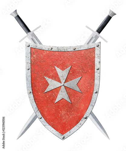 red shield with two crossed swords isolated on white