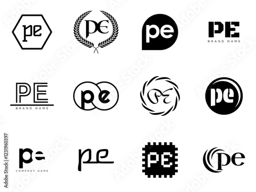 PE logo company template. Letter p and e logotype. Set different classic serif lettering and modern bold text with design elements. Initial font typography.