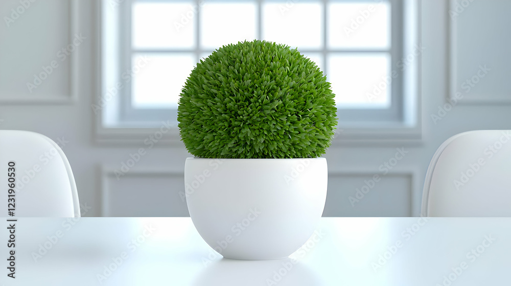 Fototapeta premium Spherical plant in white pot on table, bright room