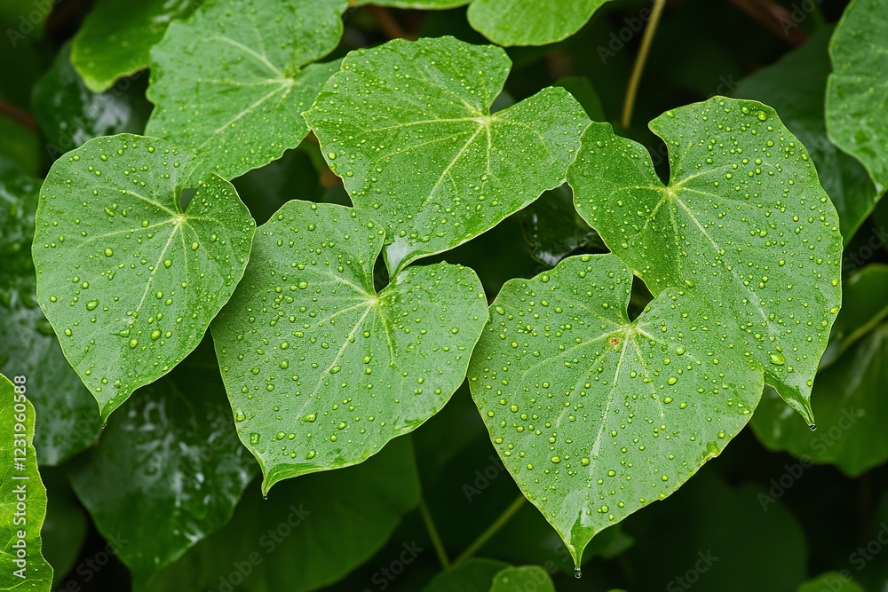 Dew-Kissed Heart-Shaped Leaves: A Serene Nature Photograph Dew-Kissed Heart-Shaped Leaves: A Serene Nature Photograph