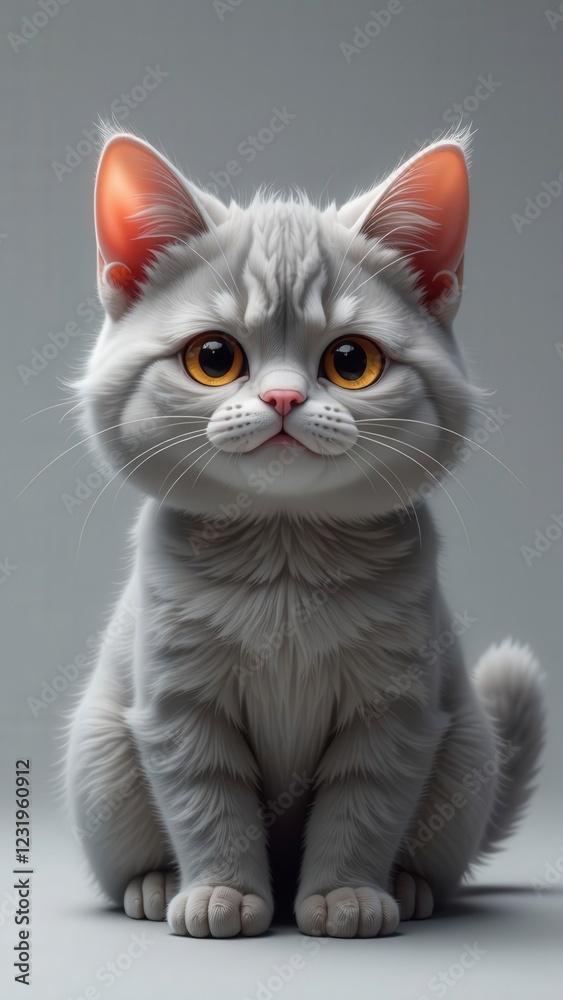 Obraz premium Adorable fluffy white kitten sitting and staring with big orange eyes