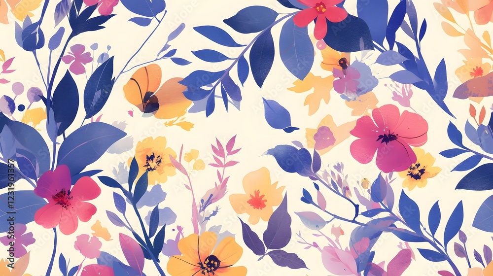 Seamless pattern of watercolor flowers in vivid colors and detailed leaves