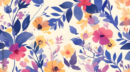 Obraz na płótnie Seamless pattern of watercolor flowers in vivid colors and detailed leaves w salonie