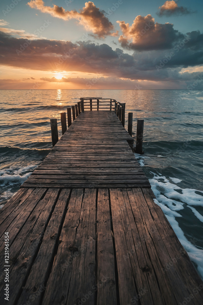 Obraz premium Wooden pier extending into a calm ocean at sunset, peaceful scene