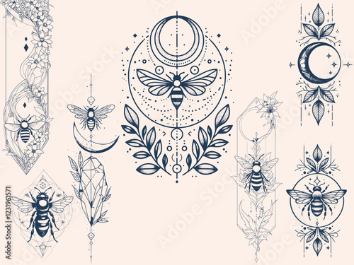 Celestial Crystal Bee With crescent Moon, harmony  vertical alignment, Tattoo Line Silhouette.