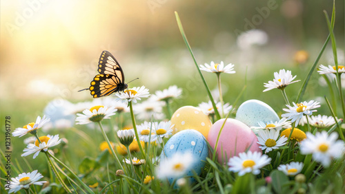 Beautiful illustration for Eggs hunt during the Easter holiday. Green field with colorful daisies wildflowers and butterfly. Sunlight on background, space for text or logo. Playful and peaceful atmosp photo