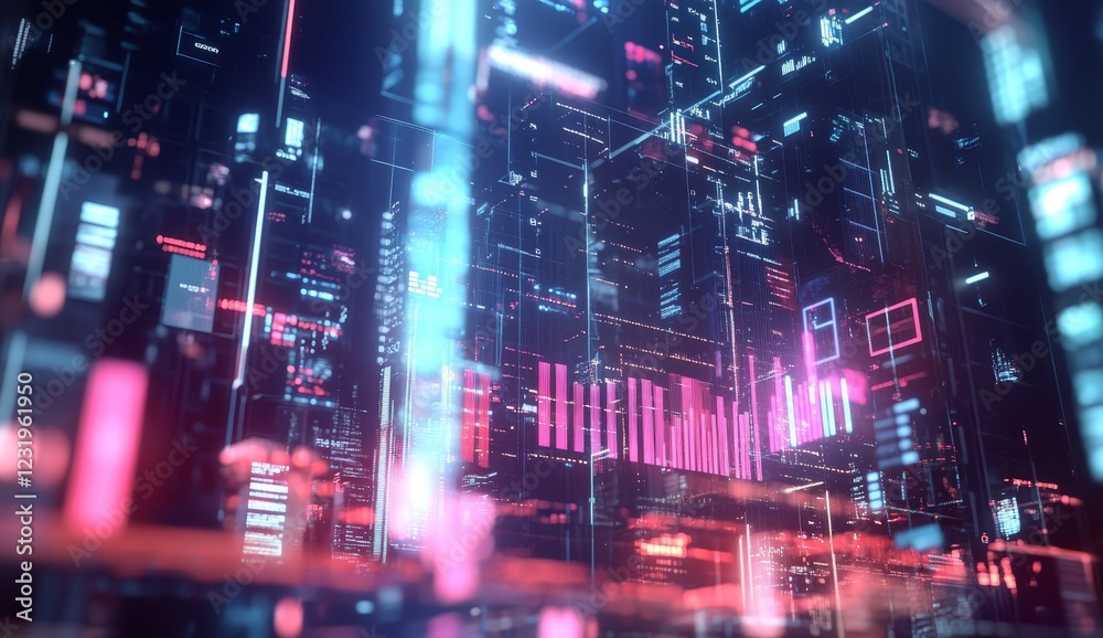 Abstract digital data visualization with glowing lines, graphs, and charts in pink and blue hues. Abstract digital data visualization with glowing lines, graphs, and charts in pink and blue hues.