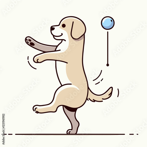 Dancing Playful Puppy with Toy: A cheerful puppy stands on its hind legs,  tail wagging with glee as it eagerly watches a blue ball on a string.