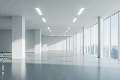 Modern empty office space, city view, sunlight
