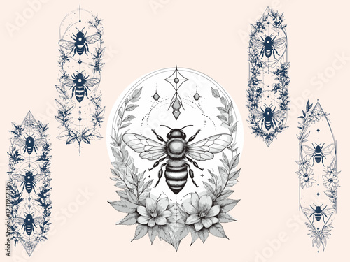Celestial Crystal Bee With crescent Moon Collection, harmony  vertical alignment, Tattoo Line Silhouette set