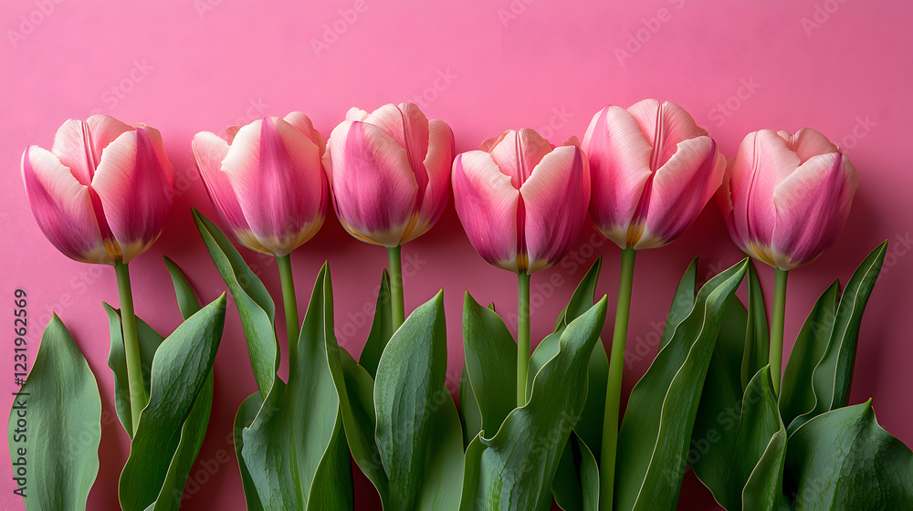 Pink flowers are arranged in a row, with their stems sticking out of the ground. The flowers are tall and slender, with green leaves at the bottom Pink flowers are arranged in a row, with their stems sticking out of the ground. The flowers are tall and slender, with green leaves at the bottom