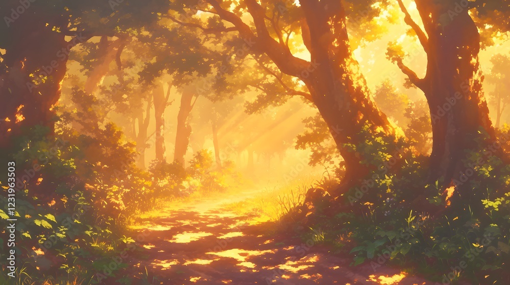 Serene Forest Pathway with Golden Sunlight and Vibrant Green Trees