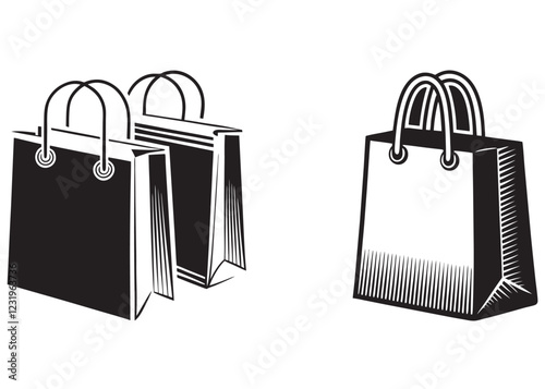 silhouette shopping bag logo vector design, shopping bag silhouette vector, shopping bag icon logo vector, silhouette handbag logo, tote bag silhouette vector isolated on white background