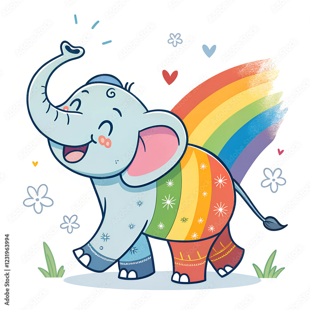 Obraz premium Line art illustration featuring a rainbow gradient of a joyful cartoon elephant with a smiling expression