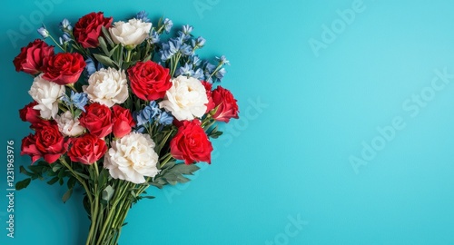 Wallpaper Mural A vibrant bouquet of red, white, and blue flowers against a teal background, creating a striking visual contrast. Torontodigital.ca