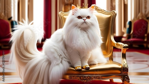 A big white cat with orange eyes, long whiskers, a long golden tail, wearing golden shoes sat in the palace.